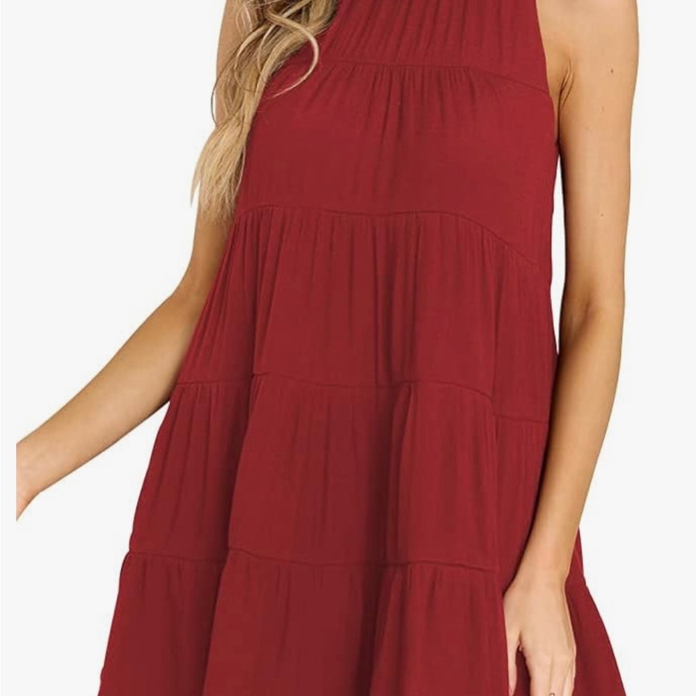 Women  Halter Sleeveless Mini Dress Loose Ruffle belt swing, Medium, Burgandy
